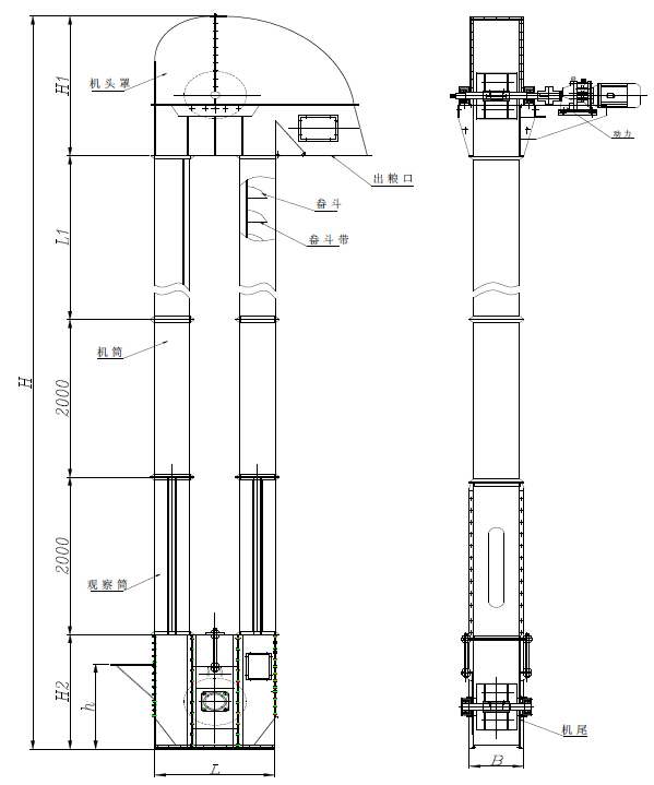 TDTG斗式提升機外形尺寸圖